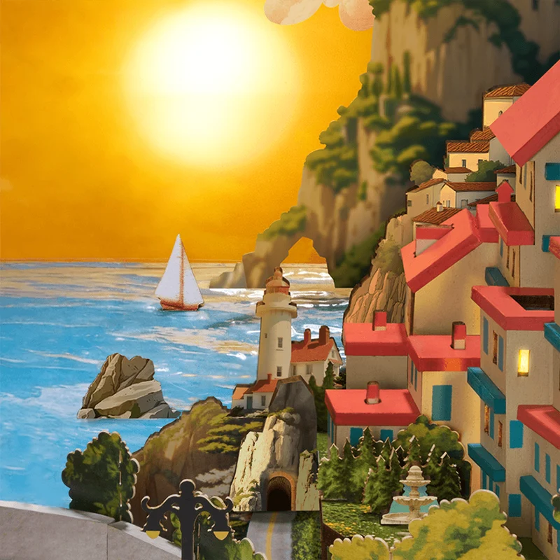 Book Nook Sunset Isle, Bausatz mit Küstenstadt und zwei Lichtstimmungen