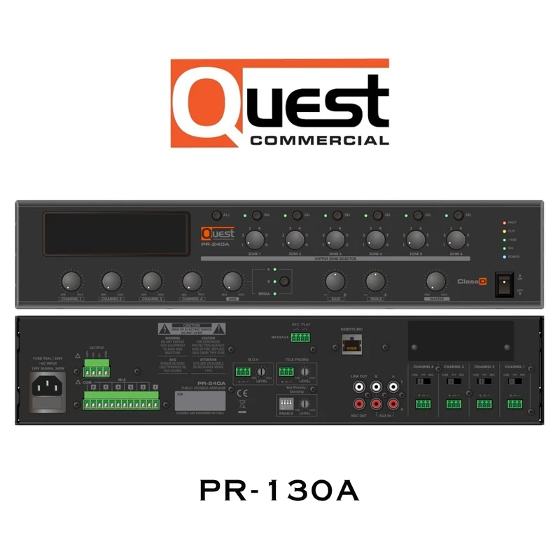 Quest Commercial PR-130A | Amplificateur 130 W 70V 6 zones
