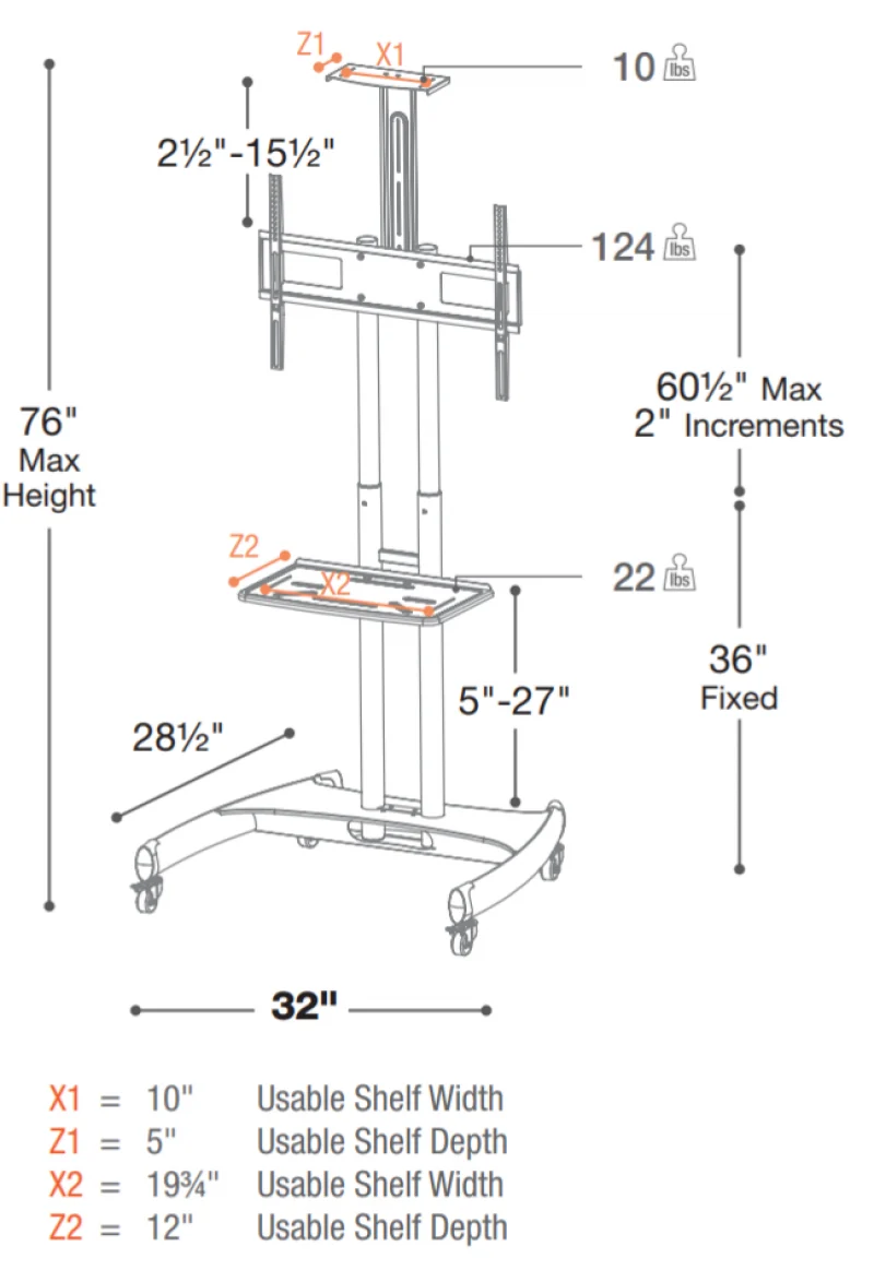 Sonora S95H - Support d'acier commercial à roulette pour téléviseur 32" à 75", 154lb max.