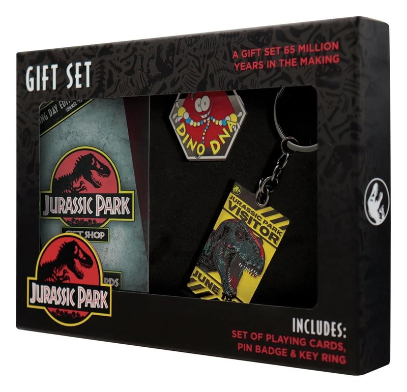 Coffret cadeau Jurassic Park avec jeu de cartes, pin’s et porte-clés