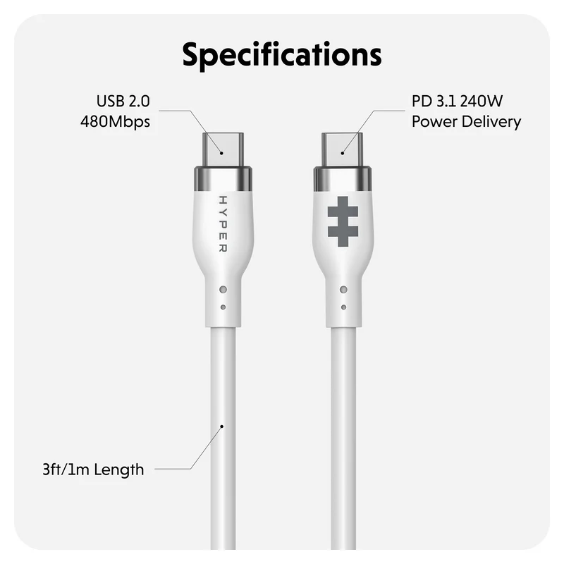 HyperJuice 240W Silicone USB-C to USB-C Cable (3ft/1m) - Blanc