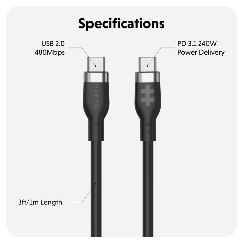 HyperJuice 240W Silicone USB-C to USB-C Cable (3ft/1m) - Noir