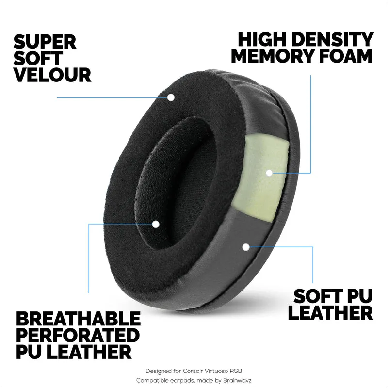 Oreillettes hybrides épaisses pour casque Corsair Virtuoso RGB (sans fil/XT/SE) – Mousse à mémoire de forme avec matériau hybride en velours et cuir PU