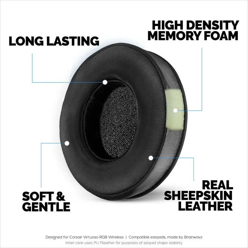 Coussinets en peau de mouton pour casque Corsair Virtuoso RGB (sans fil/XT/SE) – Mousse à mémoire de forme avec cuir de mouton souple