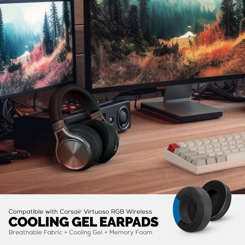 Oreillettes hybrides pour casque de jeu Corsair Virtuoso RGB (sans fil/XT/SE) – Gel rafraîchissant, mousse à mémoire de forme, durable, épais et isolant du son