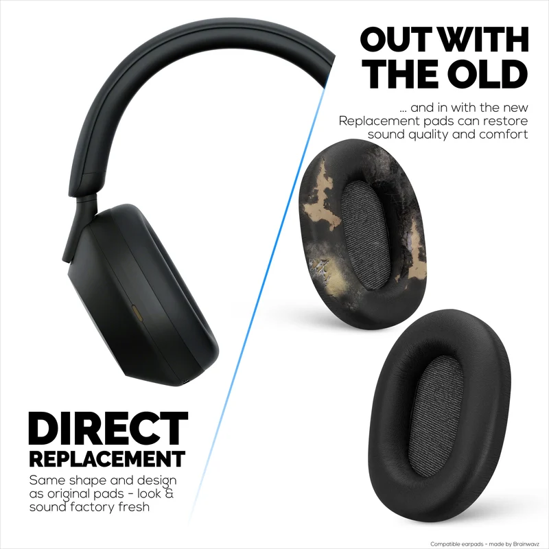 Sony WH-1000XM5 Oreillettes de rechange – Coussinets en cuir PU souple et mousse à mémoire de forme pour plus de confort, installation facile et rapide