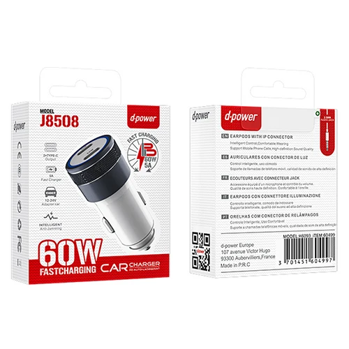 D-Power Car Adapter 2 Type C Fast Charge 60W J8508