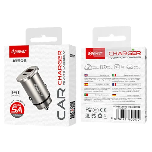 D-Power USB Car Adapter Metal + Type C Fast Charge J8506