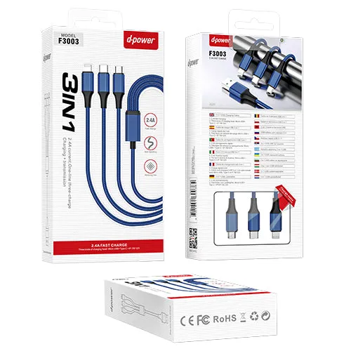 D-Power 3 in 1 Cable | Type-C | Lightning | Micro USB | F3003
