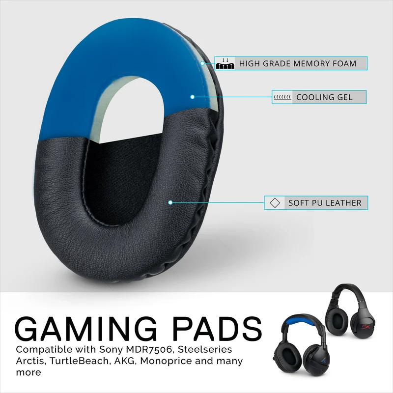 Coussinets de casque de jeu améliorés - Petit ovale - Cuir PU avec gel de refroidissement et mousse à mémoire de forme pour Steelseries, Hyperx, Sony MDR-7506, AKG, Turtlebeach, Sennheiser et plus