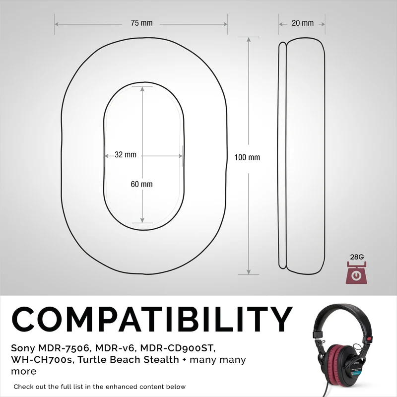 Oreillettes de rechange de qualité supérieure SONY MDR-7506 - Convient également aux écouteurs V6, CD900ST (PU)