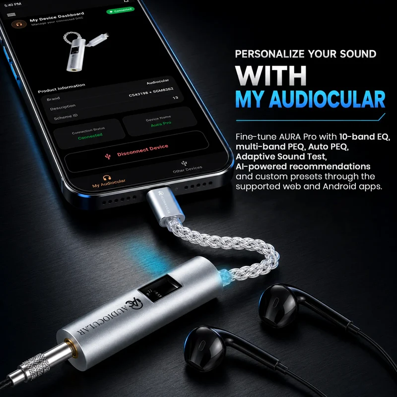 AUDIOCULAR AURA Pro Hi-Res Portable DAC Dongle CS43198 + SGM8262 Amp