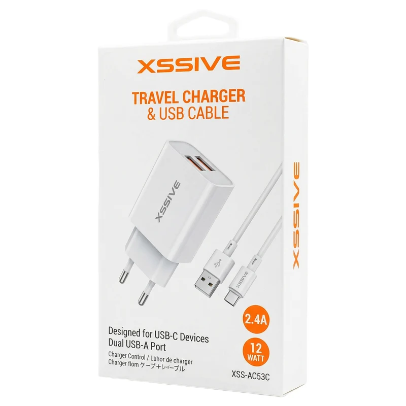 XSSIVE 12W / 2.4A DOUBLE USB QUICK CHARGER + TYPE-C CABLE