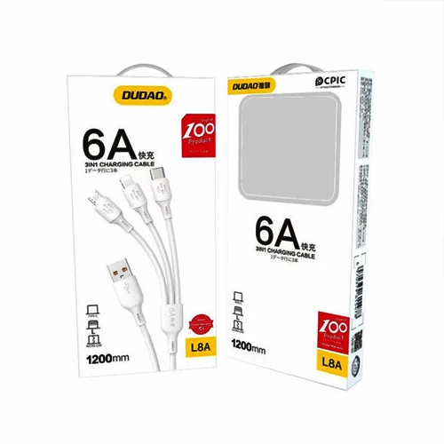 USB CABLE - USB C / MICRO USB / LIGHTNING 480MB/S 6A 1.2M - WHITE-DUDAO