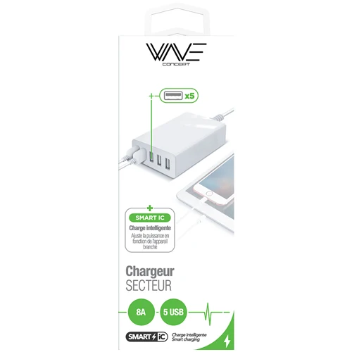 MAINS CHARGER - 5 PORTS USB-8A, WHITE-WAVE
