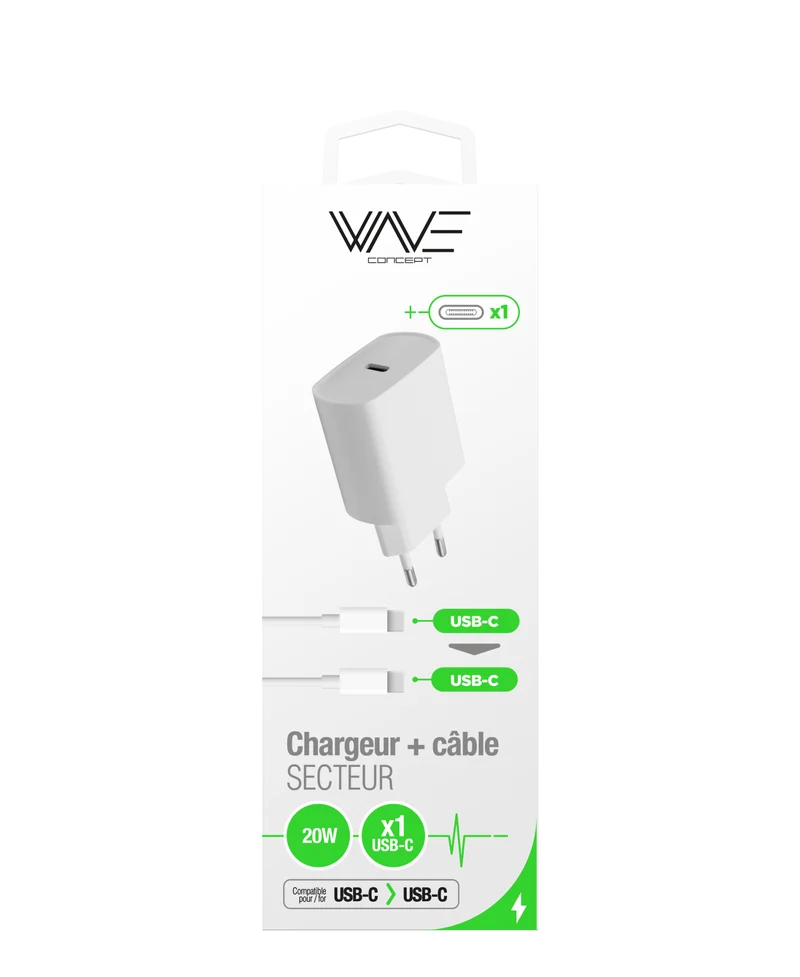 20W USB-C PORT MAINS CHARGER PACK + WHITE USB-C TO USB-C CABLE