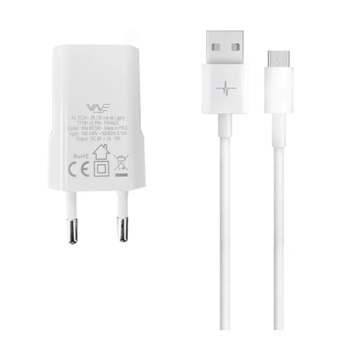 PACK 1 PORT USB 5W MAINS CHARGER + MICRO USB CABLE, WHITE-WAVE