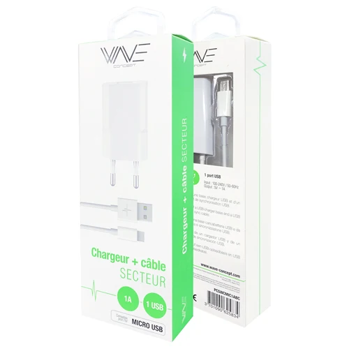 PACK 1 PORT USB 5W MAINS CHARGER + MICRO USB CABLE, WHITE-WAVE