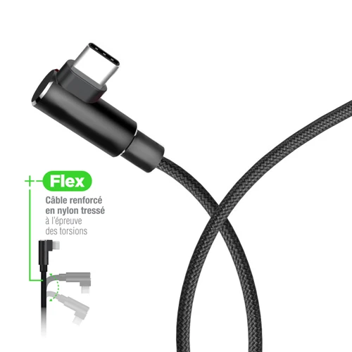 ELBOW USB CABLE LYLON & ALU FINISH, TYPE C 1M, BLACK-WAVE