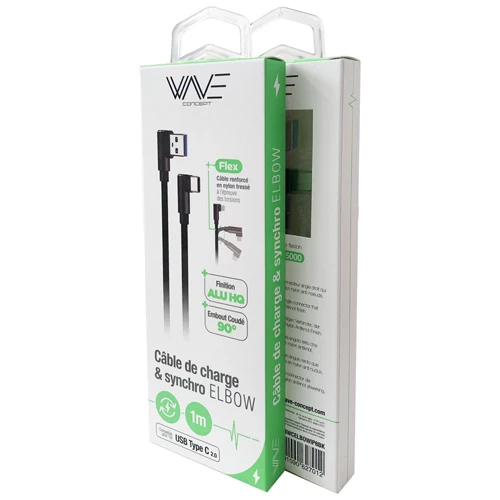 ELBOW USB CABLE LYLON & ALU FINISH, TYPE C 1M, BLACK-WAVE