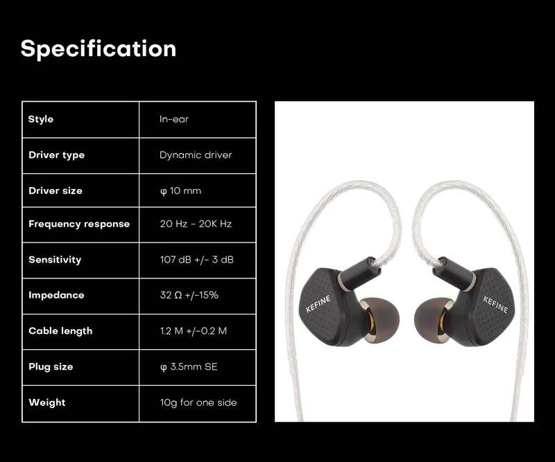 【KEFINE Klean】10mm DLC Diaphragm DD in Ear Earphones, Two Interchangeable Nozzles,Two different Sound