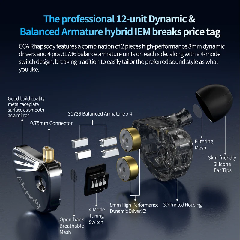 【CCA Rhapsody】2DD+4BA Hybrid Driver HiFi IEMs Earphones with 4 Tuning Switches