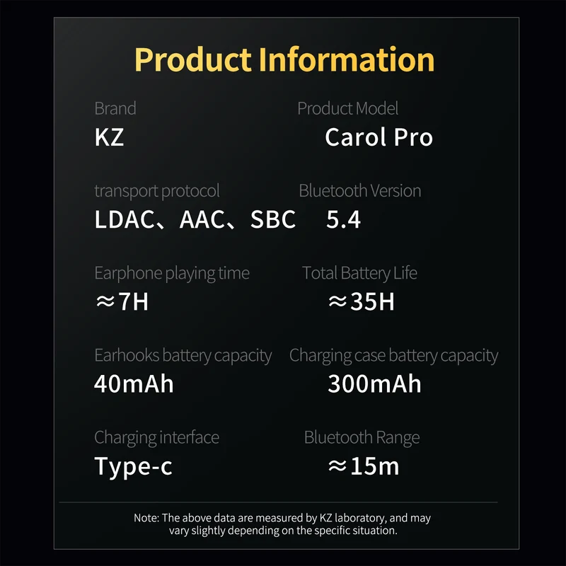 【KZ Carol Pro】True Wireless Earbuds, Bluetooth 5.4 HiFi Deep Bass Stereo Headphones, Active Noise Cancelling