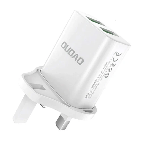 DUDAO WALL CHARGER UK UNITED KINGDOM PLUG 2XUSB-A 2.4A WHITE + USB-A CABLE - LIGHTNING WHITE