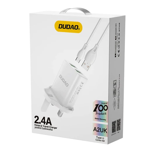DUDAO WALL CHARGER WITH UK GREAT BRITAIN PLUG 2XUSB-A 2.4A WHITE + USB-A CABLE - MICROUSB 1M