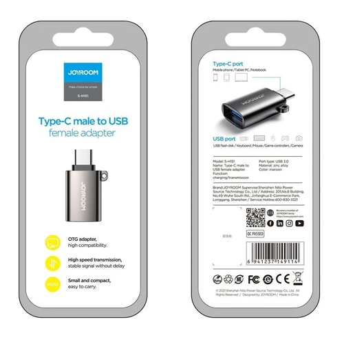 JOYROOM USB 3.2 GEN 1 MALE - USB TYPE C FEMALE ADAPTER BLACK S-H151 BLACK