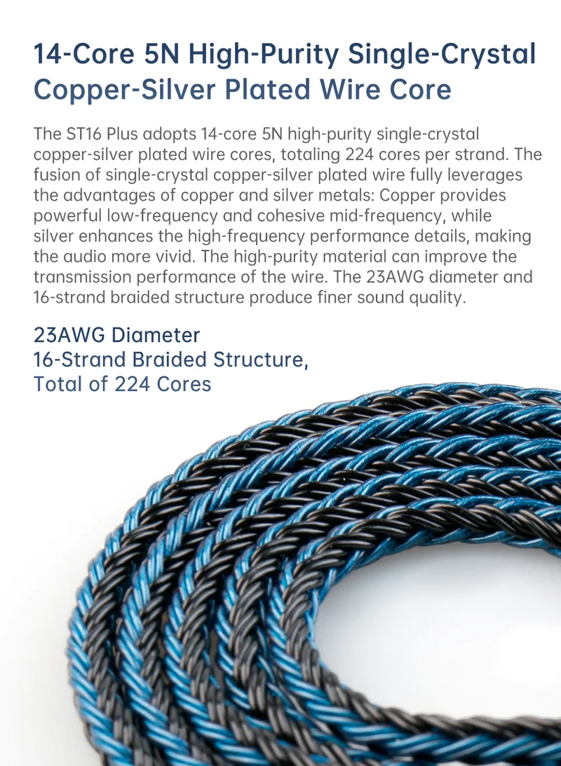 【KBEAR ST16 Plus】 Crystal 16 Cores 2M Long Upgrade Cable 5N Single Copper Silver-plated