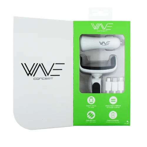 EASY DRIVE PACK, AERO CAR CAR SUPPORT + 3-IN-1 CABLE + CAR CHARGER 2 3.1A USB PORT - WAVE