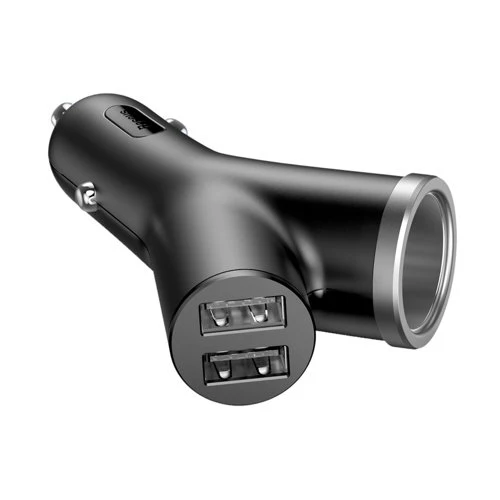 BASEUS Y TYPE CAR CHARGER WITH 2 USB PORTS AND EXTENDED CIGAR LIGHTER PORT 3.4A BLACK CCALL-YX01