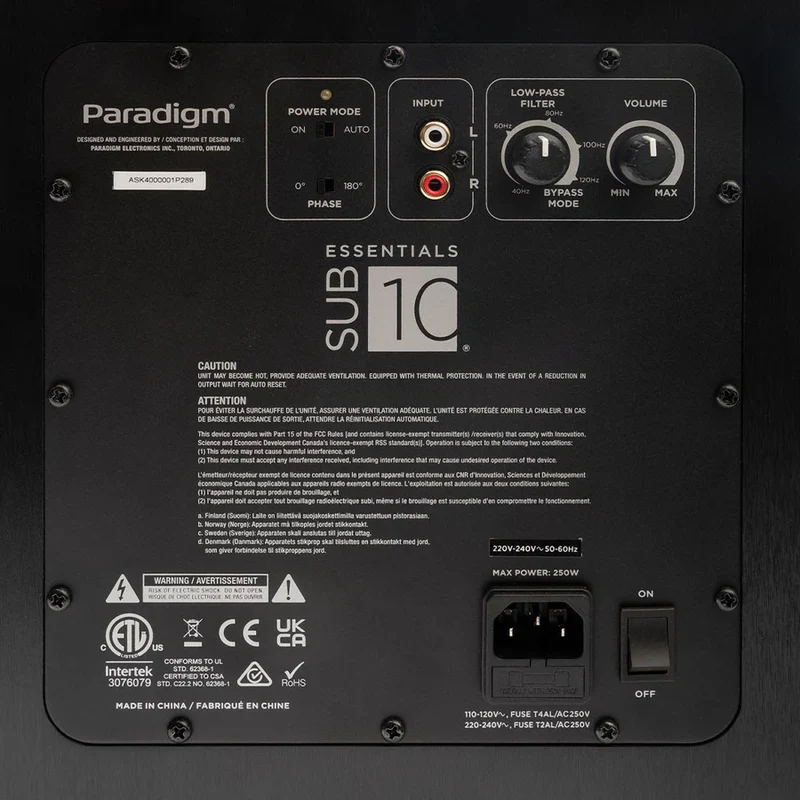 Paradigm Essential Sub10 - Caisson de basses 200Watts RMS scellé avec haut-parleur de graves 10''