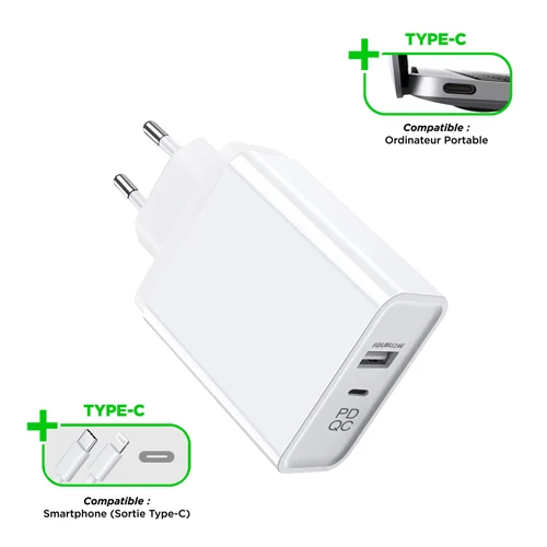 MAINS CHARGER 1 PORT USB, 1 PORT USB-C, 5V-45W, 2.4A, QUICK CHARGE, WHITE-WAVE