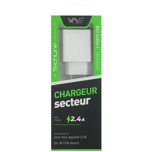 TECH LINE MAINS CHARGER 2 USB PORT 2.4A, WHITE-WAVE