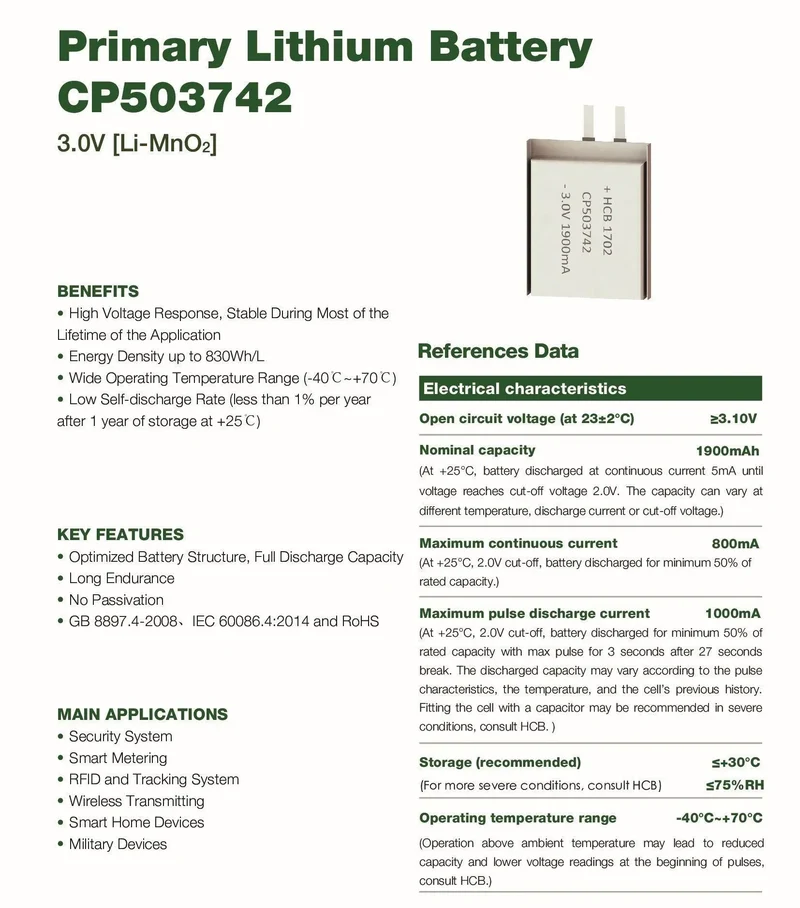 Pile CP503742 3V 1900mAh LiMnO2 à souder