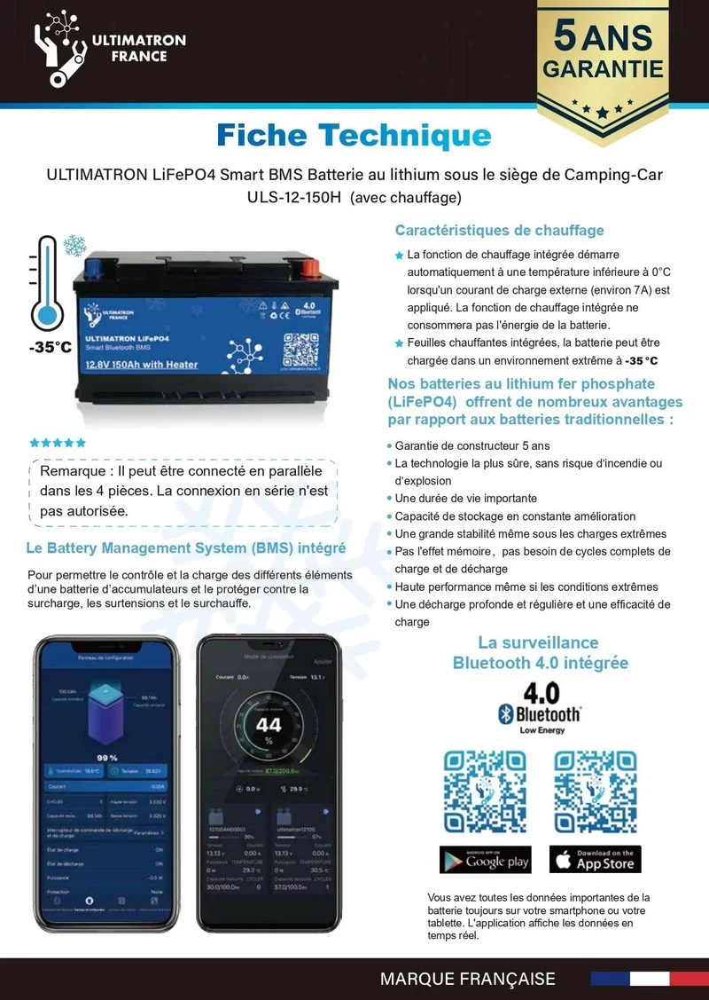 Batterie connectée Lithium LiFePO4 12V 150Ah avec chauffage de sécurité série ULS