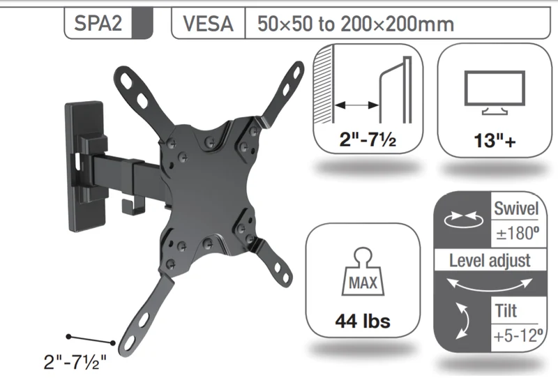 Sonora SPA2 - Support mural 2 bras articulable pour téléviseur 13" et plus maximum, 44lb max.