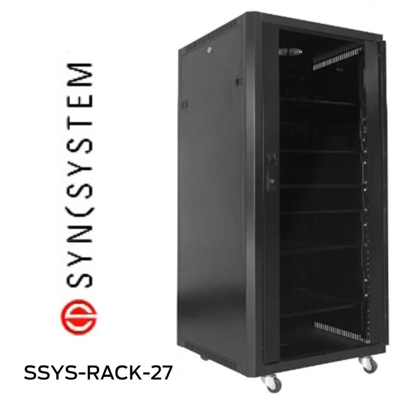 SyncSystem SSYSRACK27 - Meuble Audio-Vidéo avec porte avant vitrée noir : 4x tablettes 2U-16'', 1x étagères 2U-18'', 5 panneaux vierges 2U, Capacité de charge de 400 kg (880 lb)