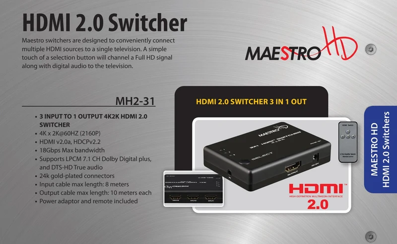 Maestro : commutateur 3 entrées à 1 sorties 4K, 2K HDMI 2.0 MH231