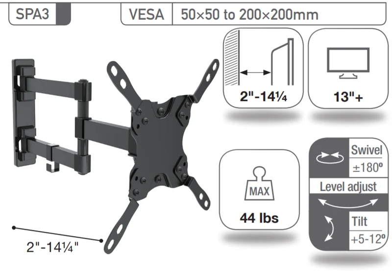 Sonora SPA3 - Support mural avec triple articulation pour téléviseur 13" et plus, 44lb max.