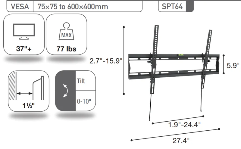 Sonora SPT64 - Support universel avec inclinaison pour téléviseur 37'' et plus, 77lb max.