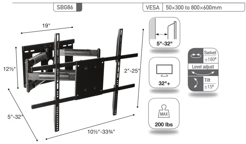 Sonora SBG86 - Support articulé à bras double pour téléviseurs de 32 pouces et plus, 200lb max.