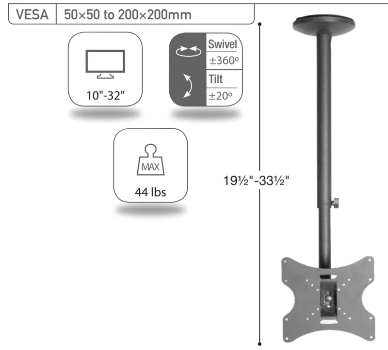 Sonora LC1-36-N : Support de plafond pour téléviseur de 19'' à 32'', 44lb max.