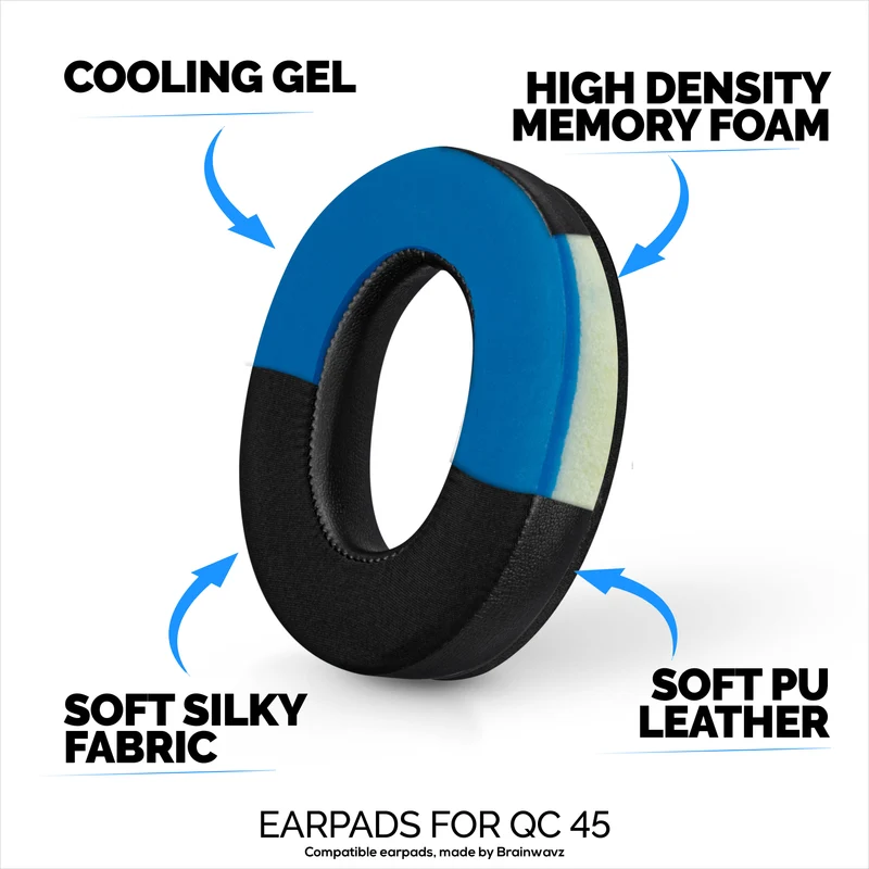 Coussinets de rechange hybrides pour casque sans fil Bose QuietComfort 45 (QC45), en gel souple, tissu respirant avec similicuir et mousse à mémoire de forme, pour un confort optimal.