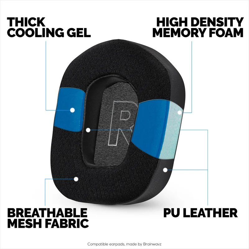 Coussinets d'oreille hybrides pour casques Logitech G733, G335 et G535 : gel rafraîchissant, tissu ultra-doux et mousse à mémoire de forme plus épaisse.