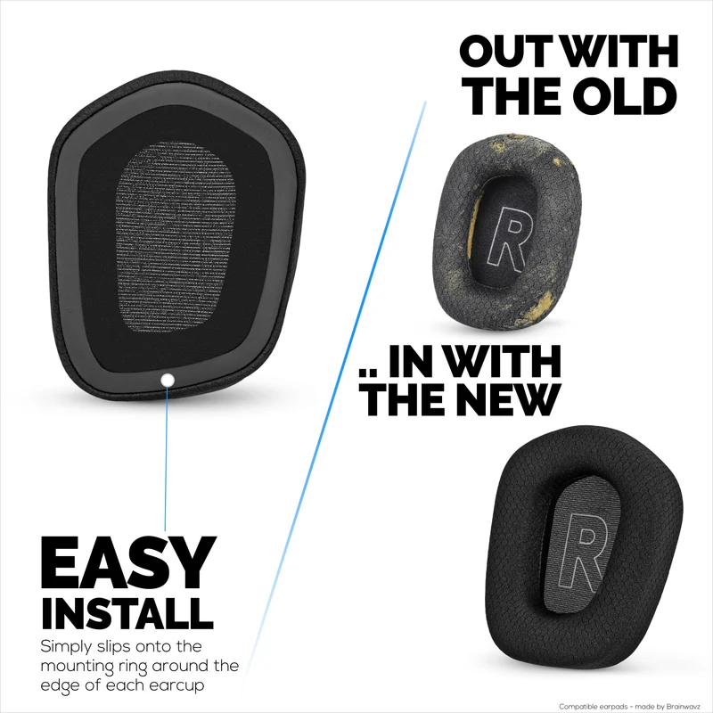 Coussinets d'oreille en tissu mesh pour casques Logitech G733, G335 et G535, tissu mesh respirant et mousse à mémoire de forme haute densité.