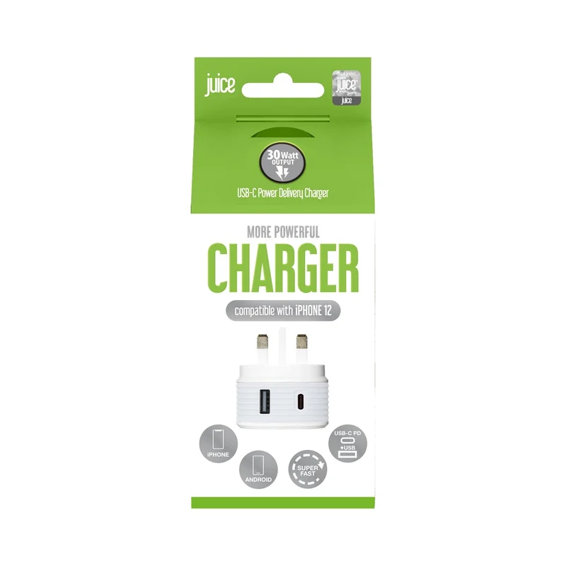 Juice Dual USB-C USB-A Charger 30w Power Delivery For iPhone 12 & Android Smartphones
