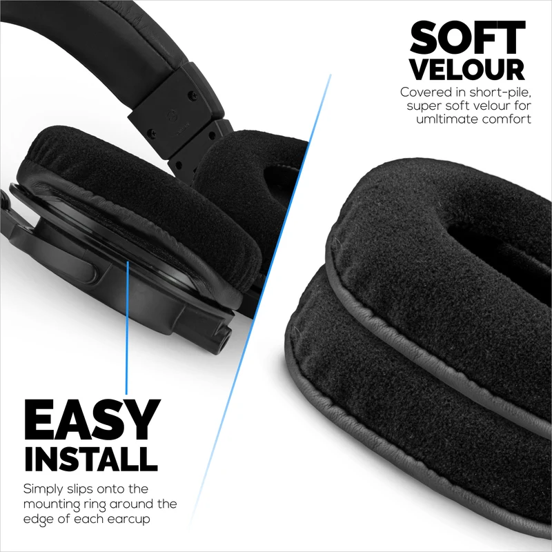 Coussinets de rechange en velours pour casques Audio Technica ATH-M50X, M50xBT, M50RD, M40X, M30X et M20X. Velours doux et mousse à mémoire de forme pour un confort optimal.